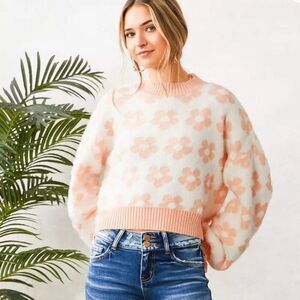 Floral Print Cropped Sweater‎ Womens Size Small Peach Mint